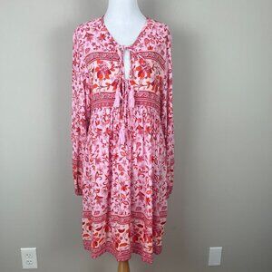 R.VIVIMOS Dress Womens XL Pink Red Floral Long Sleeve Babydoll Boho Tassel 16/18
